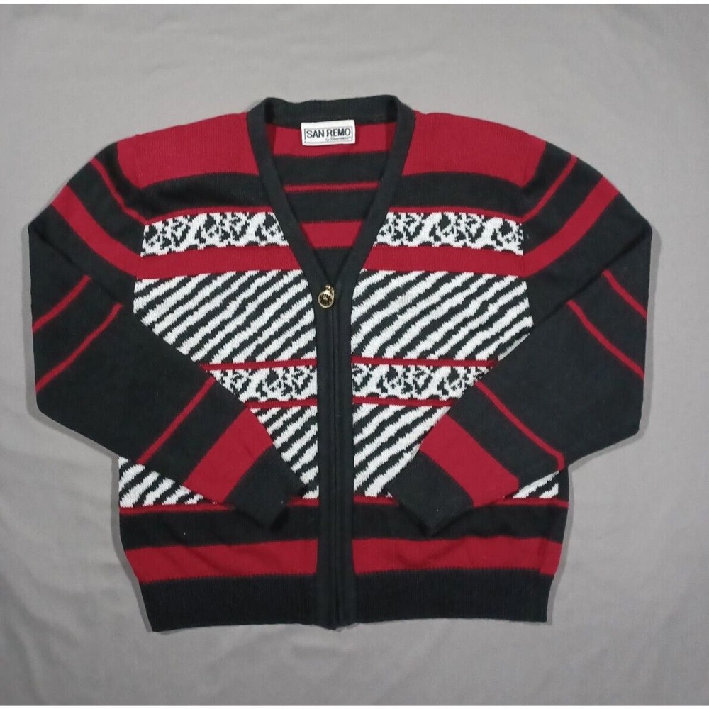VINTAGE San Remo Sweater Womens L Red‎ Black Gray Cardigan 80s 90s